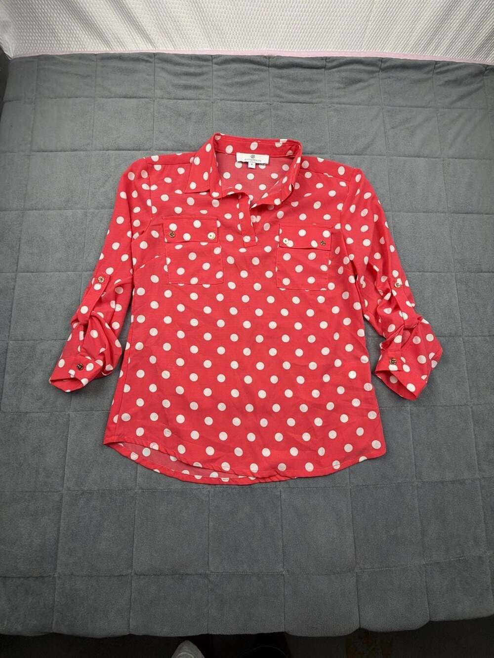 Jean-Pierre Klifa Paris Red and White Polka Dot Button-Down Tunic Blouse